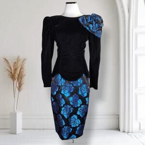 Vintage 80s Scott McClintock Black Velvet Gothic Dress Blue Rose Satin Size 6